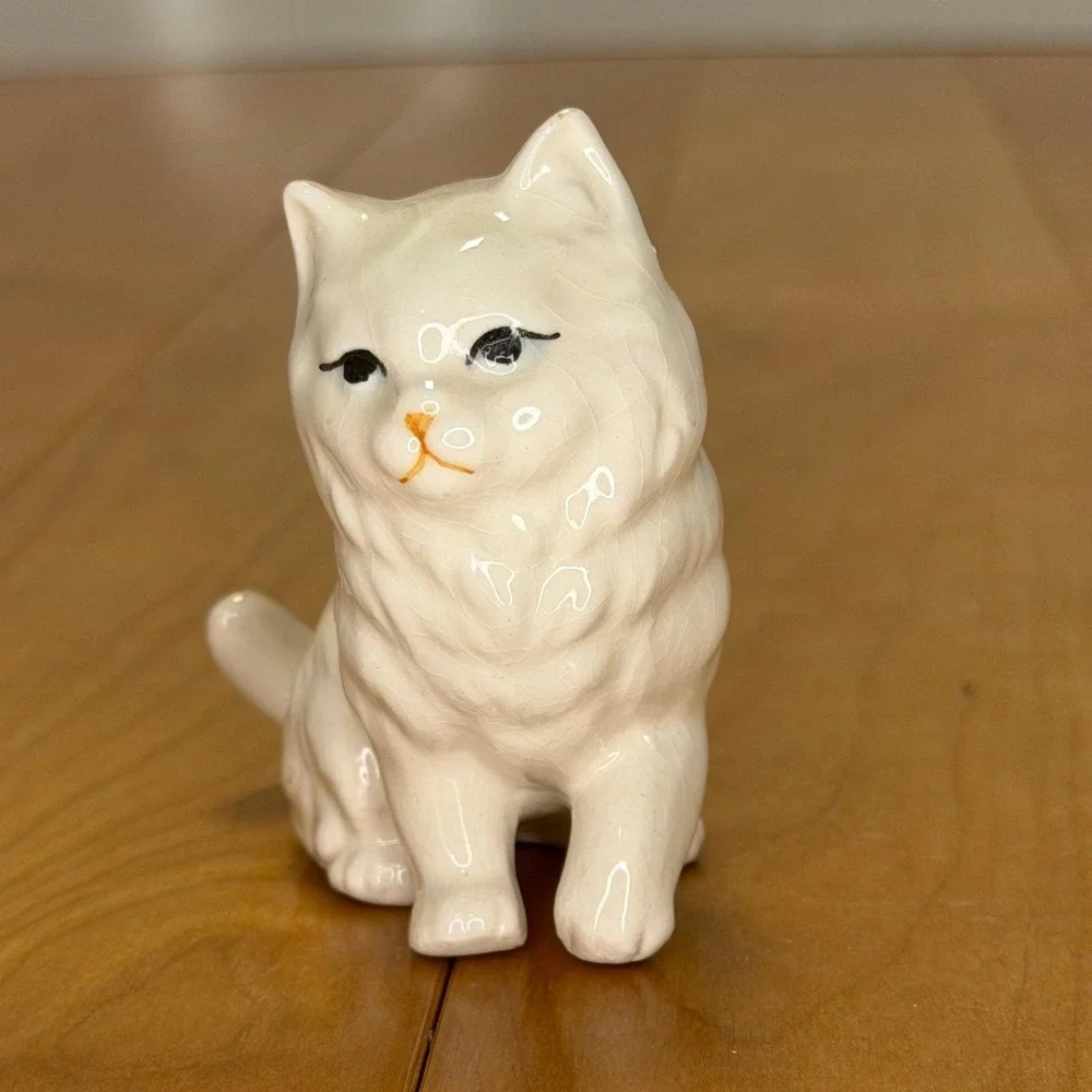 Vintage Ceramic Cat Figurine Miniature Persian Longhair Glossy Glaze Brown White